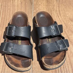 Birkenstock Arizona Unisex Sandals 38  (M5) (W7) Black Double Buckle Cork Heel